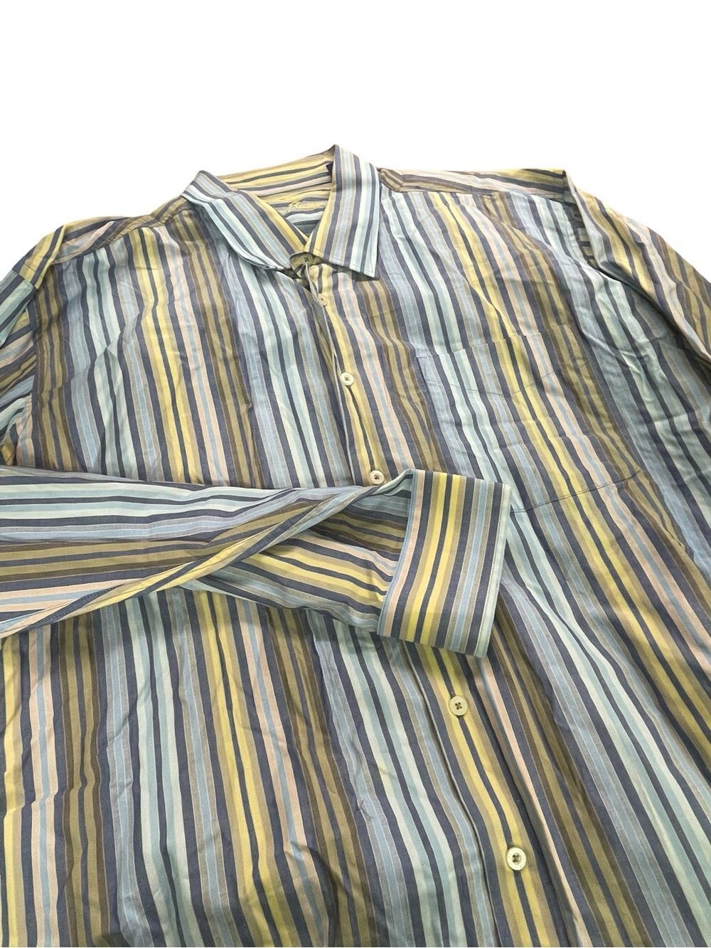 Alan Flusser Striped Button-Down Shirt in Blue, Yellow & Brown